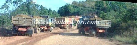 Konvoi truk penambang bauksit milik Among yang dibeking Basyarudin Idris alias Oom di Sei Enam sedang antri menuju jeti.
