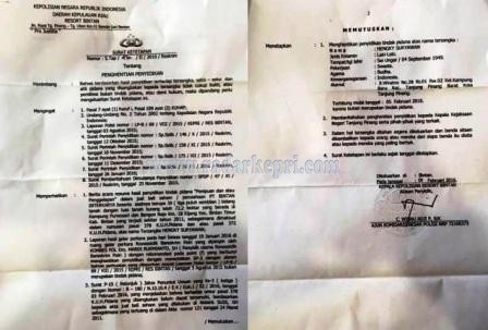 Inilah surat pemberitahuan penghentian penyidika (SP3) kasus Hengky Suryawan yang dilaporkan Haryadi alias Acok ke Polres Bintan.